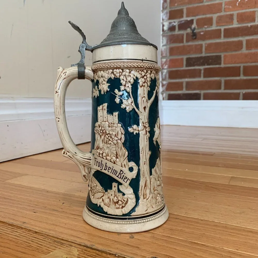 Vintage German Beer Stein Handgemalt with Pewter Lid